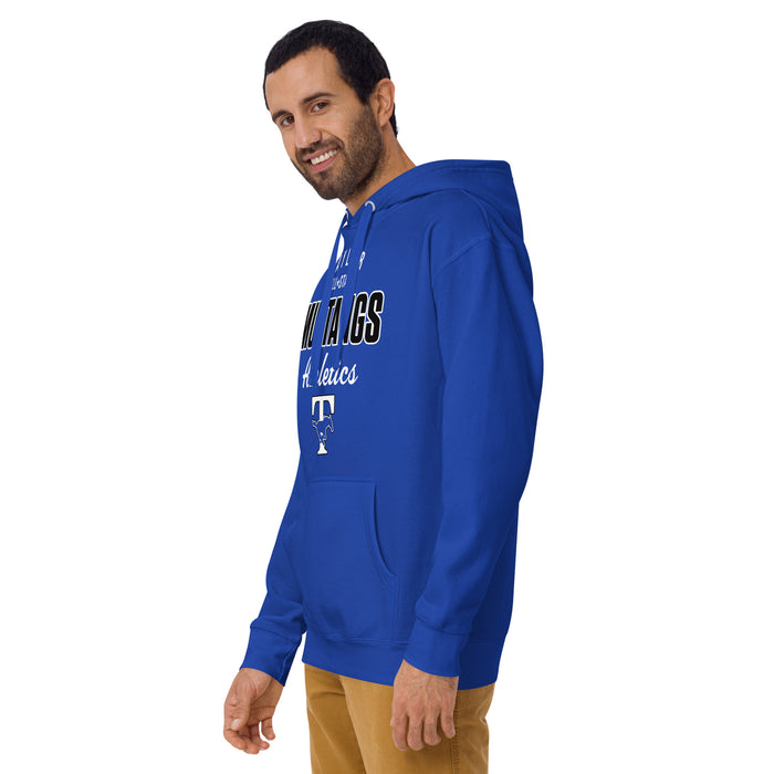 Man wearing Taylor High School Mustangs Royal Blue Premium Unisex Hoodie 034