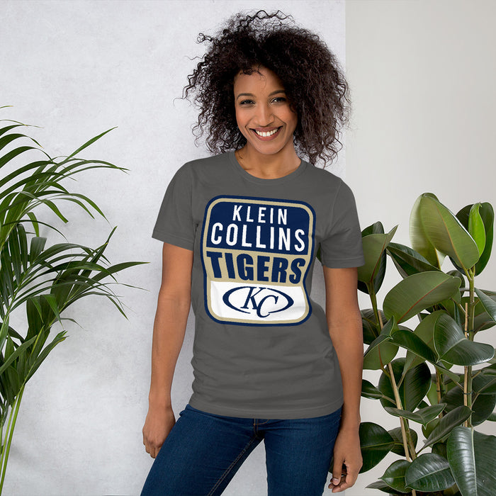 Woman wearing a Klein Collins High School Tigers Premium Asphalt T-shirt 01