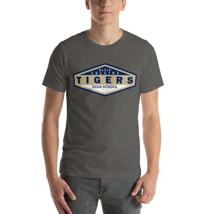 Man wearing a Klein Collins High School Tigers Premium Asphalt T-shirt 09