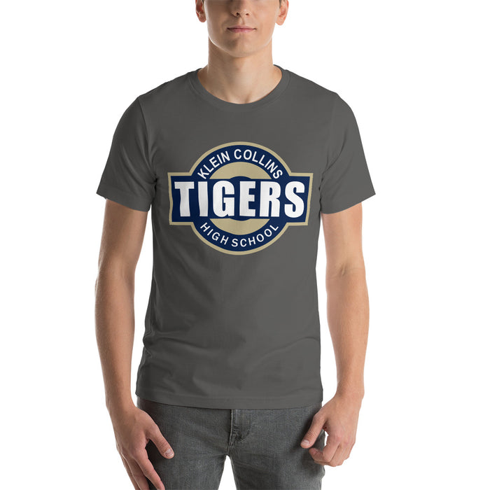 Man wearing a Klein Collins High School Tigers Premium Asphalt T-shirt 11