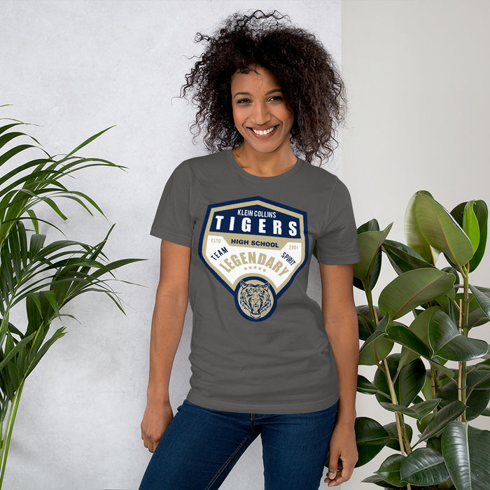 Woman wearing a Klein Collins High School Tigers Premium Asphalt T-shirt 14