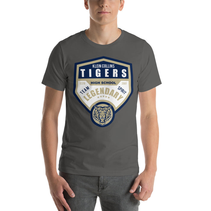 Man wearing a Klein Collins High School Tigers Premium Asphalt T-shirt 14