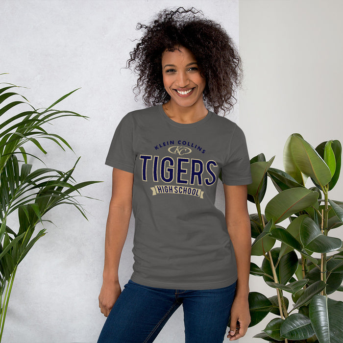 Woman wearing a Klein Collins High School Tigers Premium Asphalt T-shirt 44