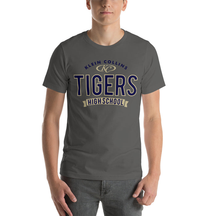 Man wearing a Klein Collins High School Tigers Premium Asphalt T-shirt 44