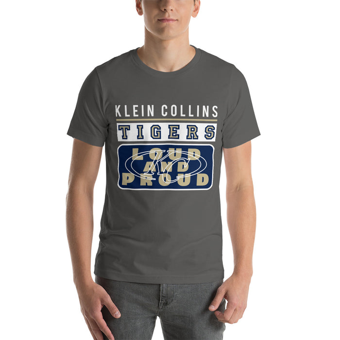 Man wearing a Klein Collins High School Tigers Premium Asphalt T-shirt 86