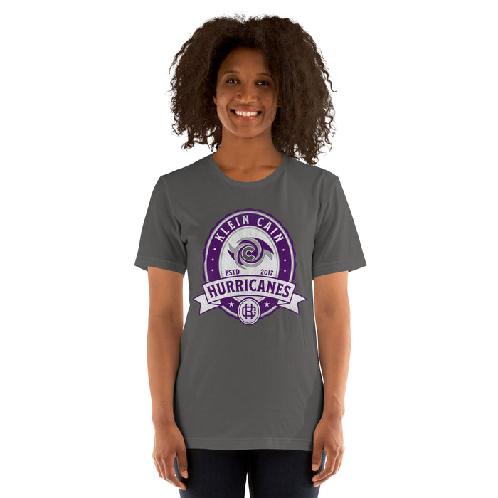 Woman wearing a Klein Cain High School Hurricanes Premium Asphalt Grey T-shirt 213