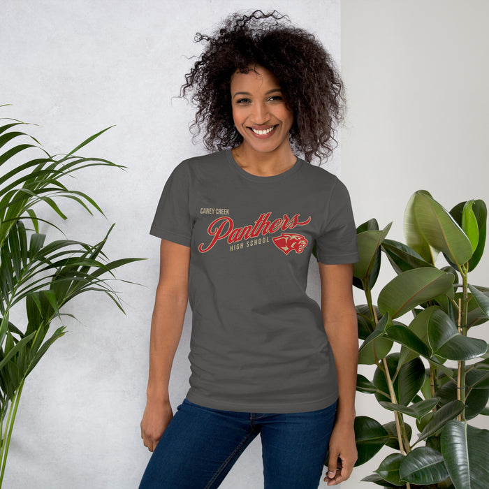 Woman wearing Caney Creek High School Panthers Asphalt Premium Unisex T-shirt 223