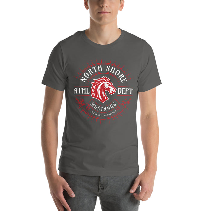 Man wearing North Shore High School Mustangs Dark Grey Premium Unisex T-shirt 201