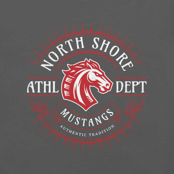 Close-up view of North Shore High School Mustangs Dark Grey Premium Unisex T-shirt 201