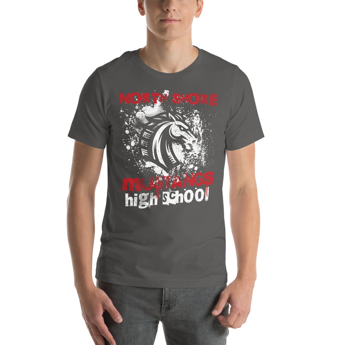 Man wearing North Shore High School Mustangs Dark Grey Premium Unisex T-shirt 205