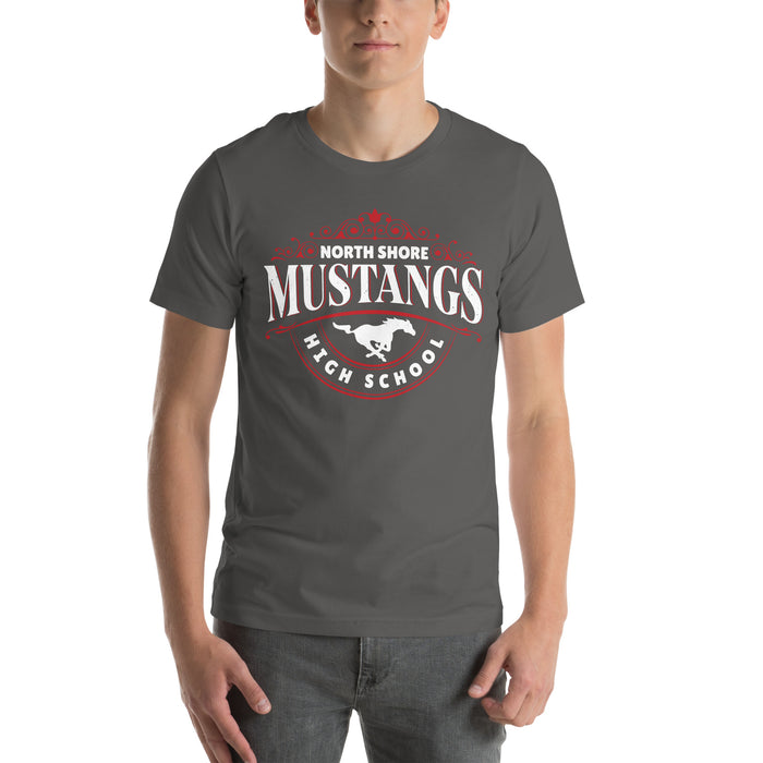 Man wearing North Shore High School Mustangs Dark Grey Premium Unisex T-shirt 211