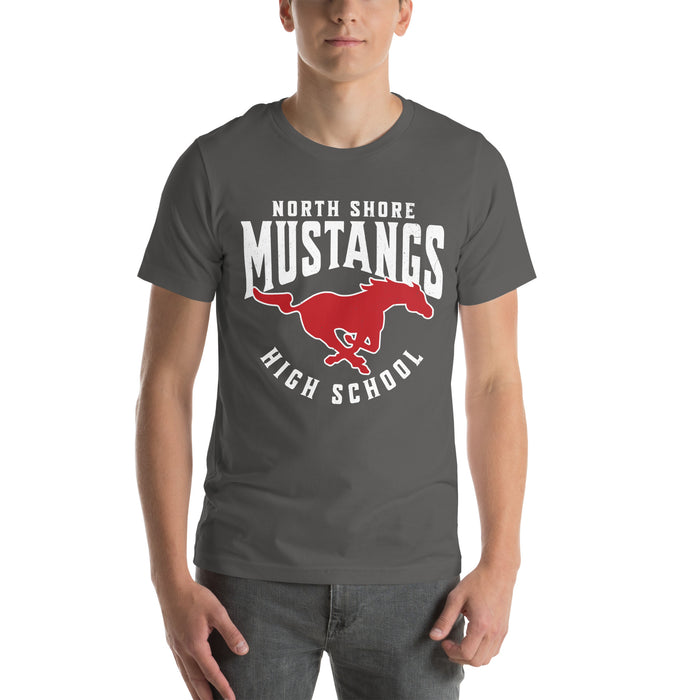 Man wearing North Shore High School Mustangs Dark Grey Premium Unisex T-shirt 213