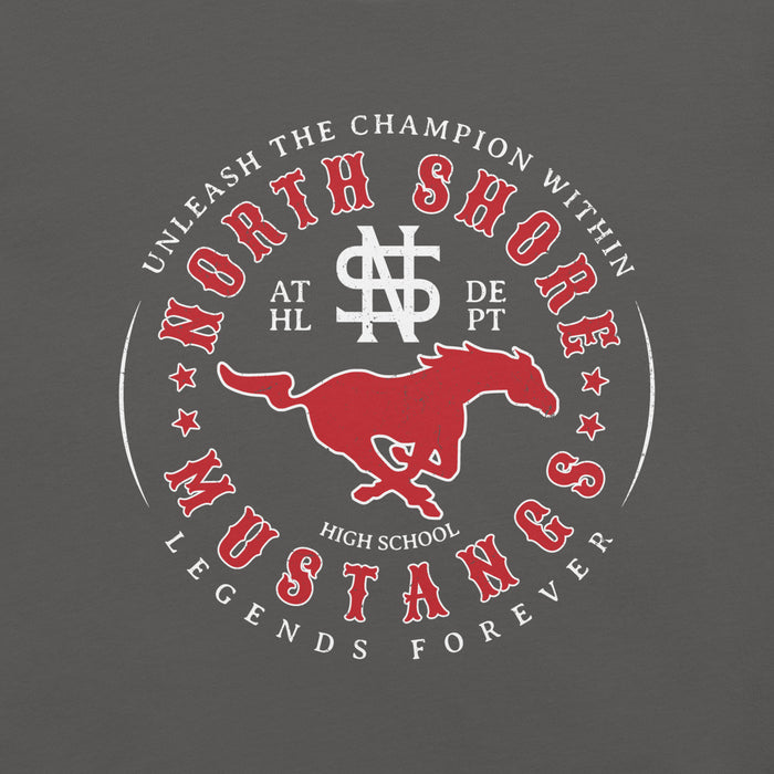 Close-up view of North Shore High School Mustangs Dark Grey Premium Unisex T-shirt 214