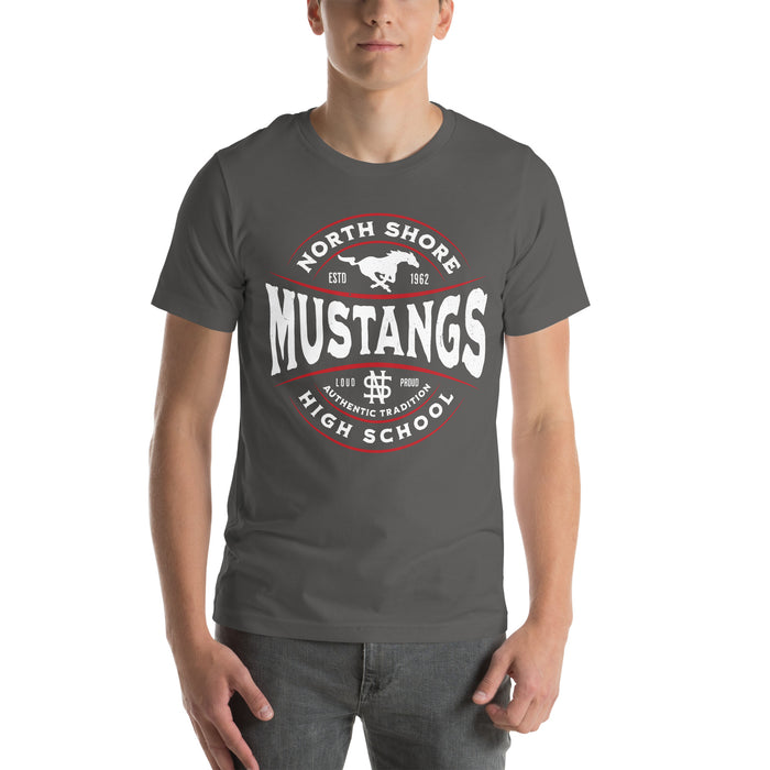 Man wearing North Shore High School Mustangs Dark Grey Premium Unisex T-shirt 218