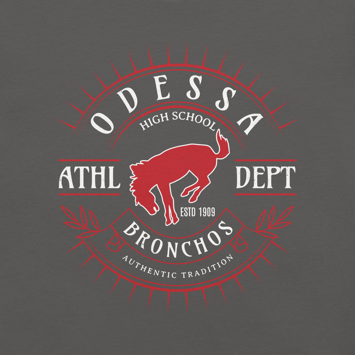 Close-up view of Odessa High School Bronchos Dark Grey Premium Unisex T-shirt 201