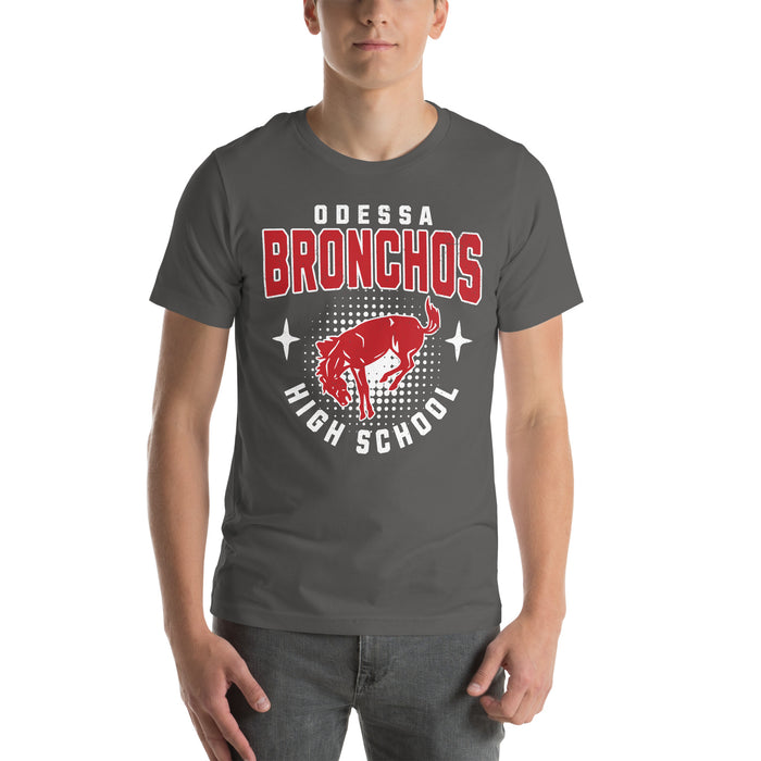 Man wearing Odessa High School Bronchos Dark Grey Premium Unisex T-shirt 204