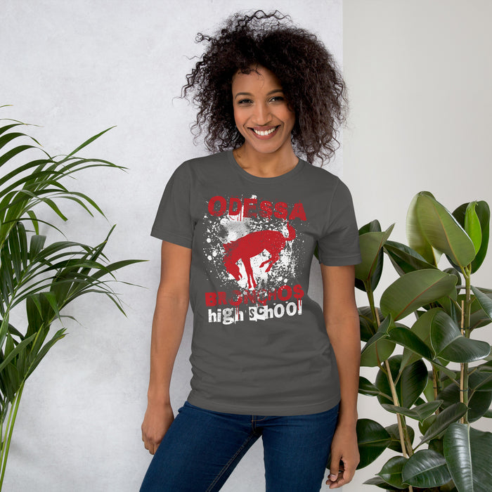 Woman wearing Odessa High School Bronchos Dark Grey Premium Unisex T-shirt 205