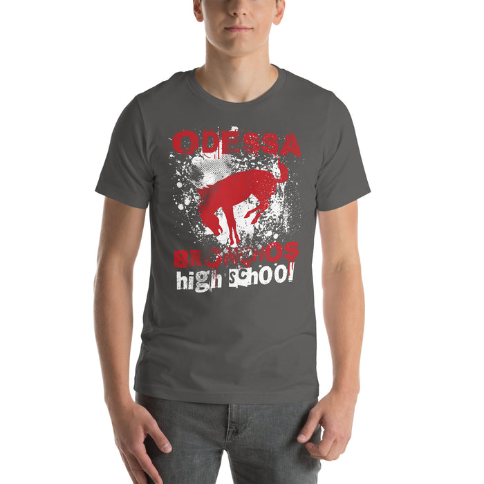 Man wearing Odessa High School Bronchos Dark Grey Premium Unisex T-shirt 205