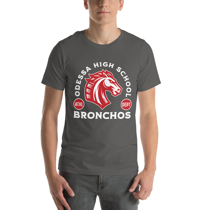 Man wearing Odessa High School Bronchos Dark Grey Premium Unisex T-shirt 208