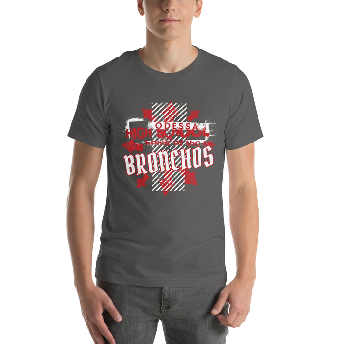 Man wearing Odessa High School Bronchos Dark Grey Premium Unisex T-shirt 210