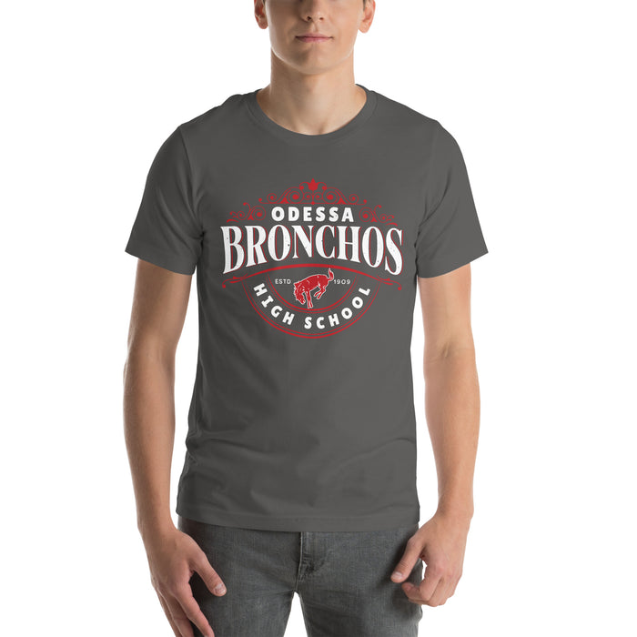 Man wearing Odessa High School Bronchos Dark Grey Premium Unisex T-shirt 211