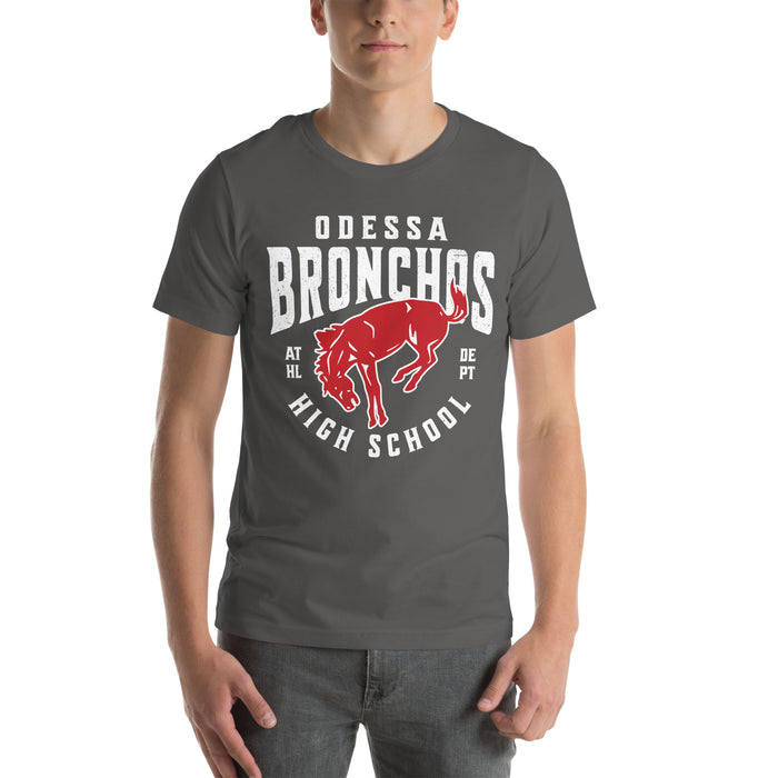 Man wearing Odessa High School Bronchos Dark Grey Premium Unisex T-shirt 213