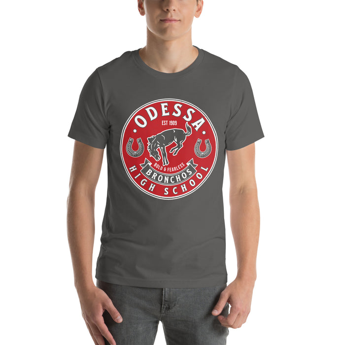 Man wearing Odessa High School Bronchos Dark Grey Premium Unisex T-shirt 215