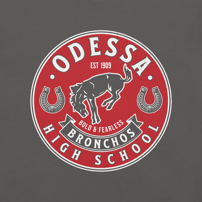 Close-up view of Odessa High School Bronchos Dark Grey Premium Unisex T-shirt 215