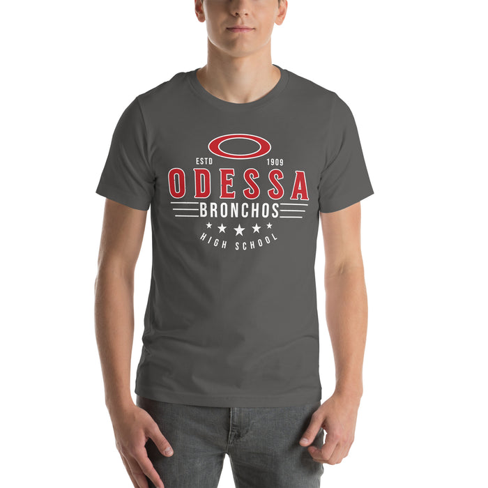 Man wearing Odessa High School Bronchos Dark Grey Premium Unisex T-shirt 217