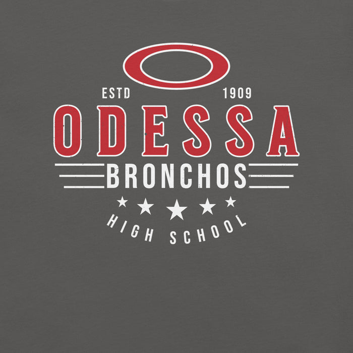 Close-up view of Odessa High School Bronchos Dark Grey Premium Unisex T-shirt 217