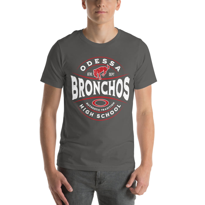 Man wearing Odessa High School Bronchos Dark Grey Premium Unisex T-shirt 218