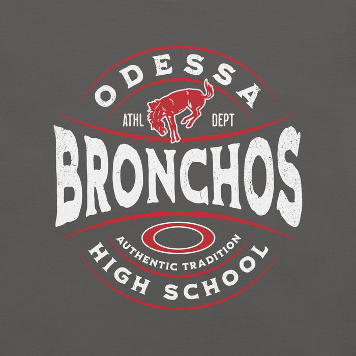 Close-up view of Odessa High School Bronchos Dark Grey Premium Unisex T-shirt 218