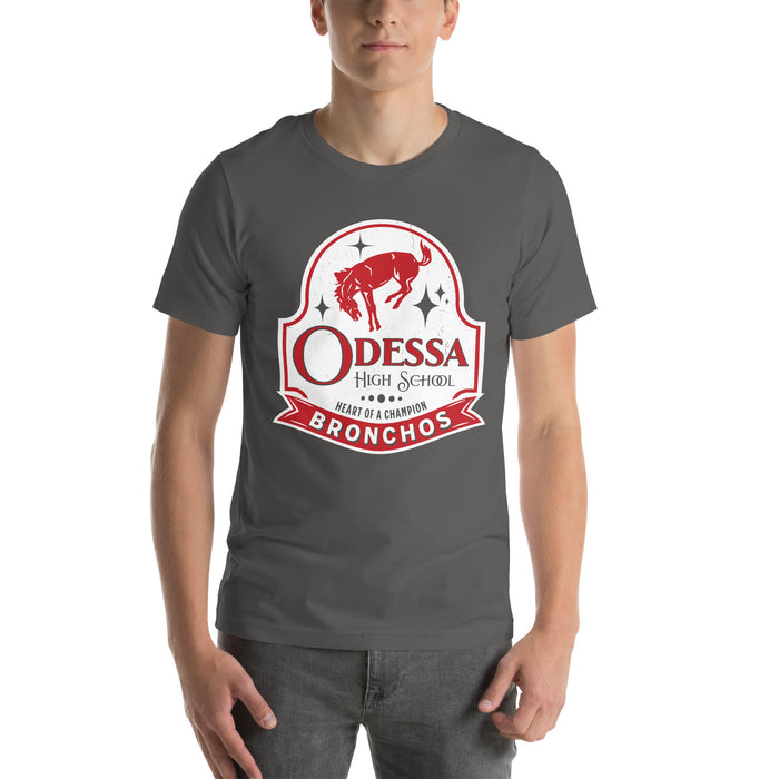 Man wearing Odessa High School Bronchos Dark Grey Premium Unisex T-shirt 219