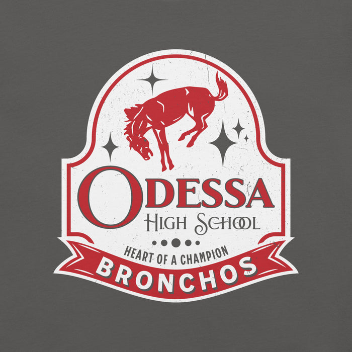 Close-up view of Odessa High School Bronchos Dark Grey Premium Unisex T-shirt 219