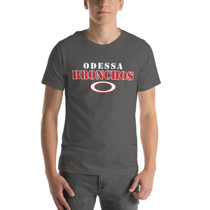 Man wearing Odessa High School Bronchos Dark Grey Premium Unisex T-shirt 222