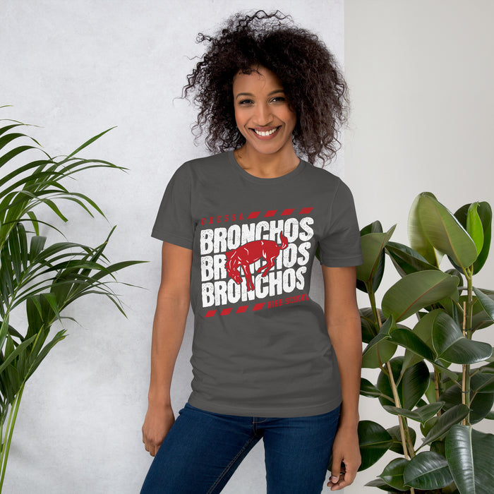 Woman wearing Odessa High School Bronchos Dark Grey Premium Unisex T-shirt 223