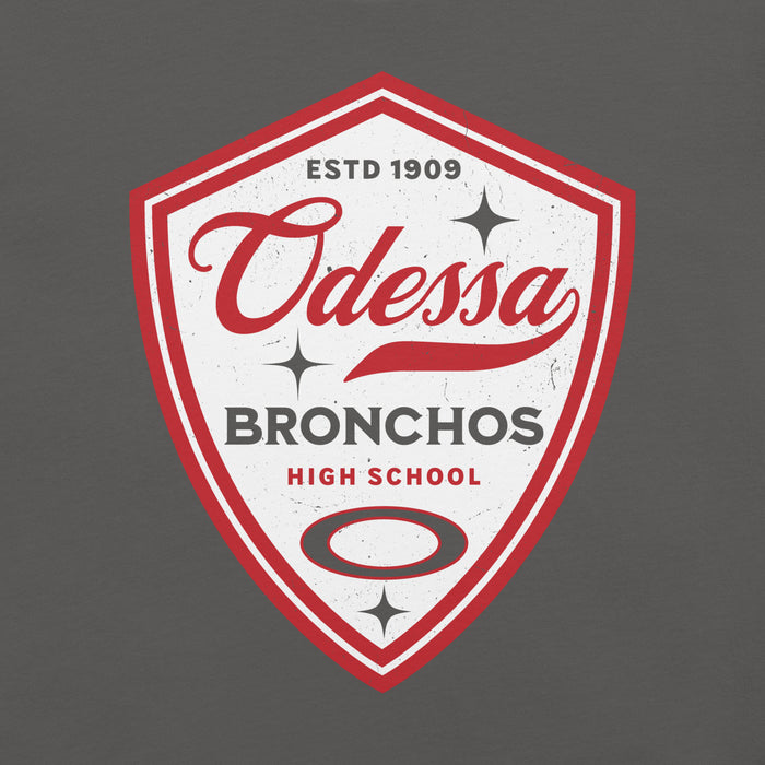 Close-up view of Odessa High School Bronchos Dark Grey Premium Unisex T-shirt 225