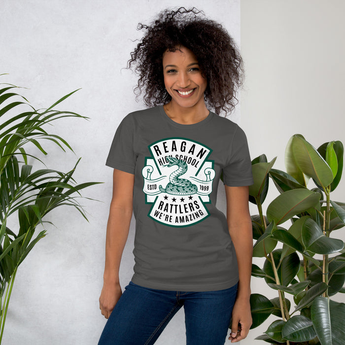 Woman wearing Reagan High School Rattlers Dark Grey Premium Unisex T-shirt 207