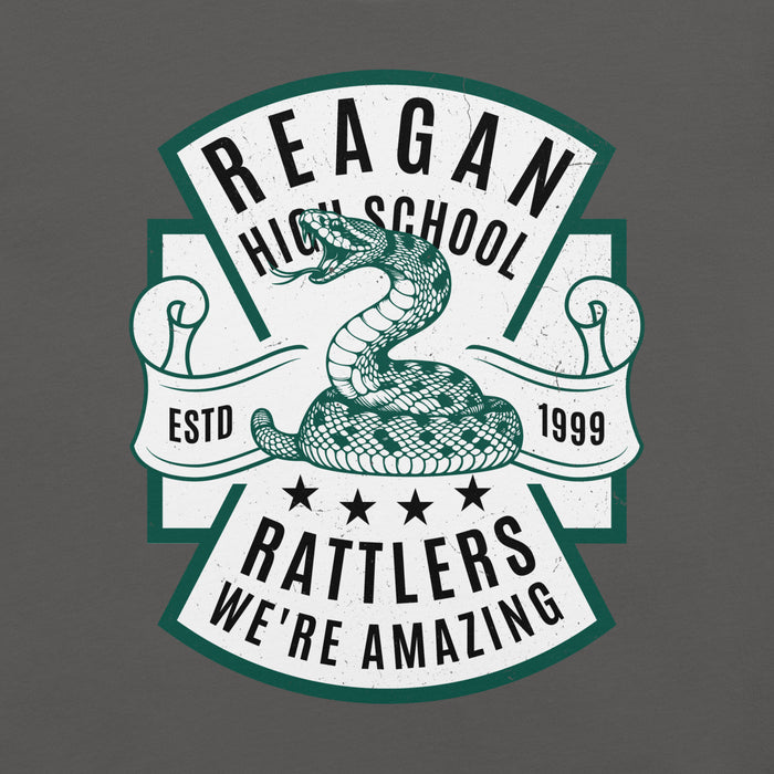 Close-up view of Reagan High School Rattlers Dark Grey Premium Unisex T-shirt 207