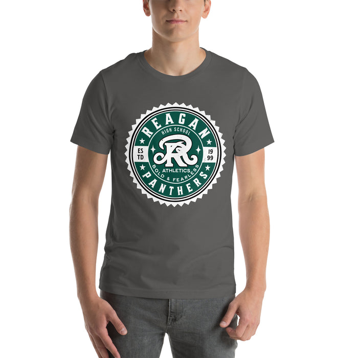 Man wearing Reagan High School Rattlers Dark Grey Premium Unisex T-shirt 203