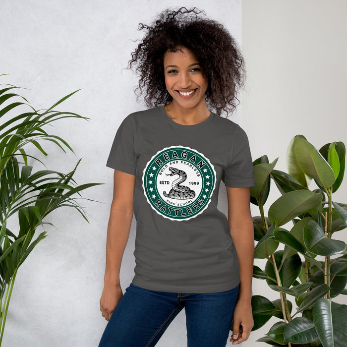 Woman wearing Reagan High School Rattlers Dark Grey Premium Unisex T-shirt 216