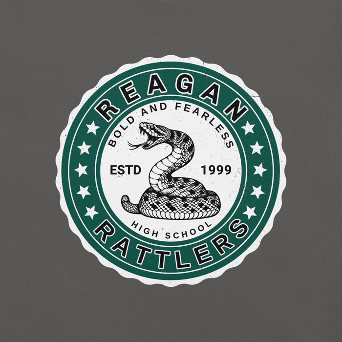 Close-up view of Reagan High School Rattlers Dark Grey Premium Unisex T-shirt 216