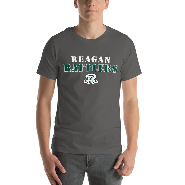 Man wearing Reagan High School Rattlers Dark Grey Premium Unisex T-shirt 222