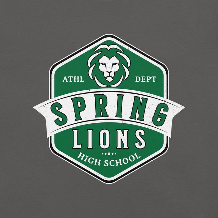 Close-up view of Spring High School Lions Dark Grey Premium Unisex T-shirt 209