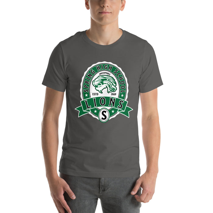 Man wearing Spring High School Lions Dark Grey Premium Unisex T-shirt 212