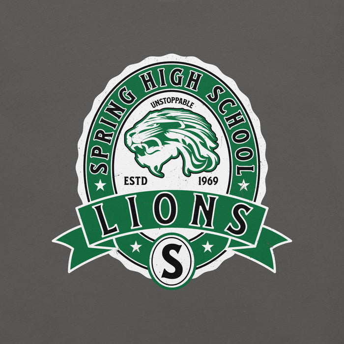 Close-up view of Spring High School Lions Dark Grey Premium Unisex T-shirt 212