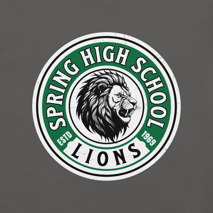 Close-up view of Spring High School Lions Dark Grey Premium Unisex T-shirt 220