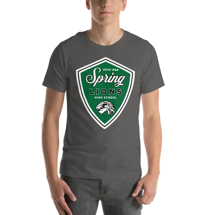 Man wearing Spring High School Lions Dark Grey Premium Unisex T-shirt 225