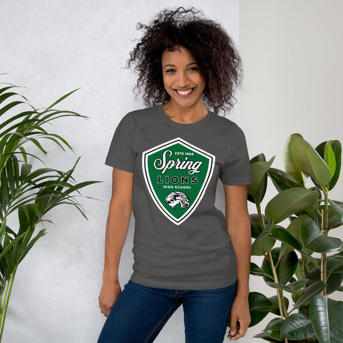 Woman wearing Spring High School Lions Dark Grey Premium Unisex T-shirt 225