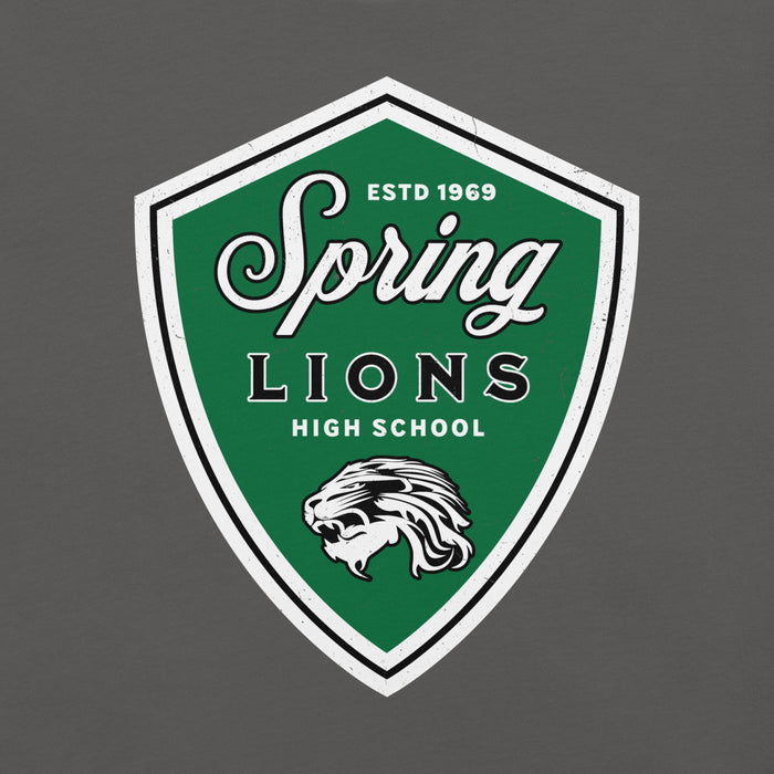 Close-up view of Spring High School Lions Dark Grey Premium Unisex T-shirt 225